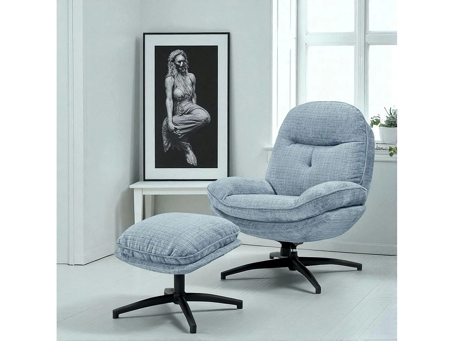 Fauteuil détente bleu acier pivotant avec repose-pieds IENA