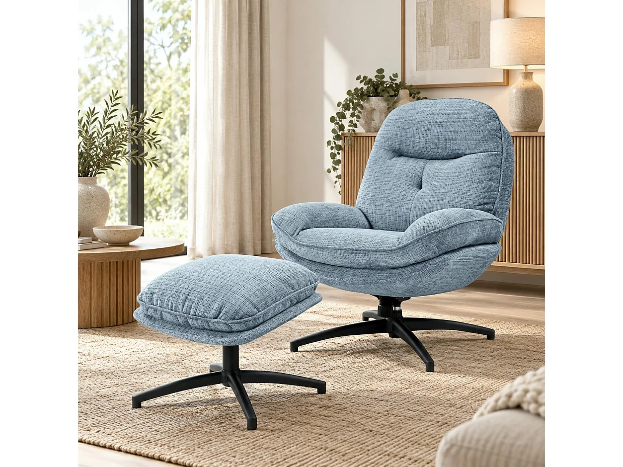 Fauteuil détente bleu acier pivotant avec repose-pieds IENA