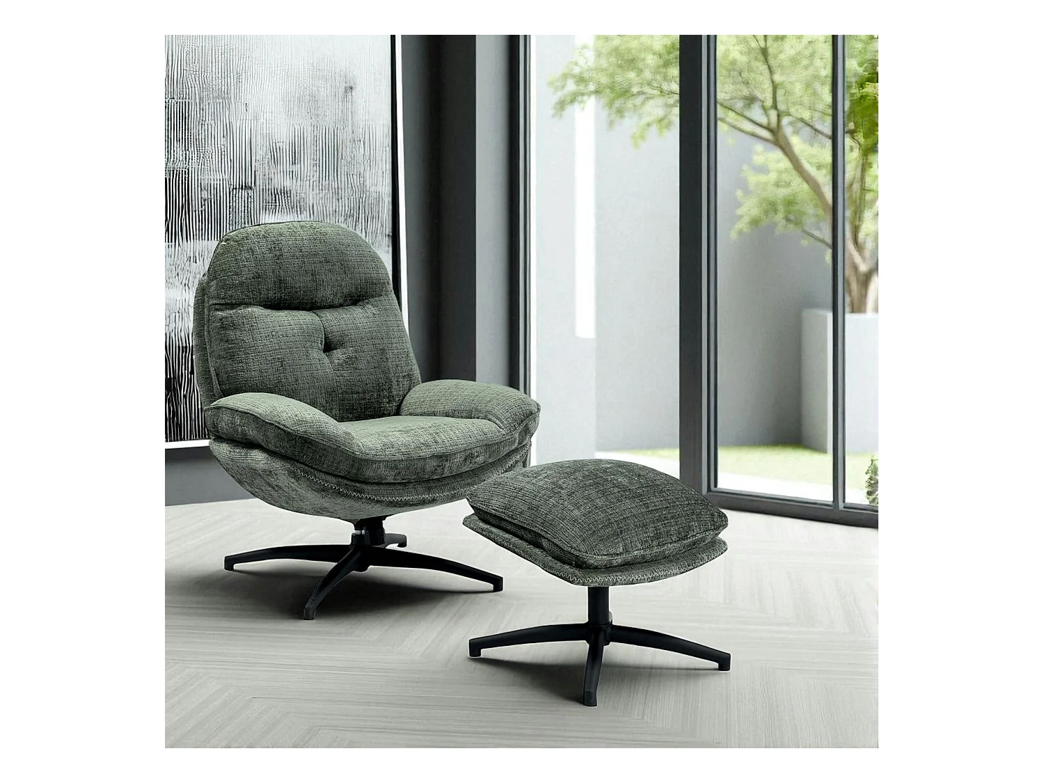 Fauteuil détente vert sapin pivotant avec repose-pieds IENA