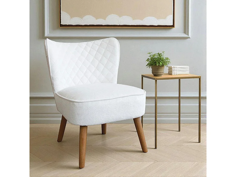 Fauteuil blanc tissu chenille - pieds bois, motif croisé IENA