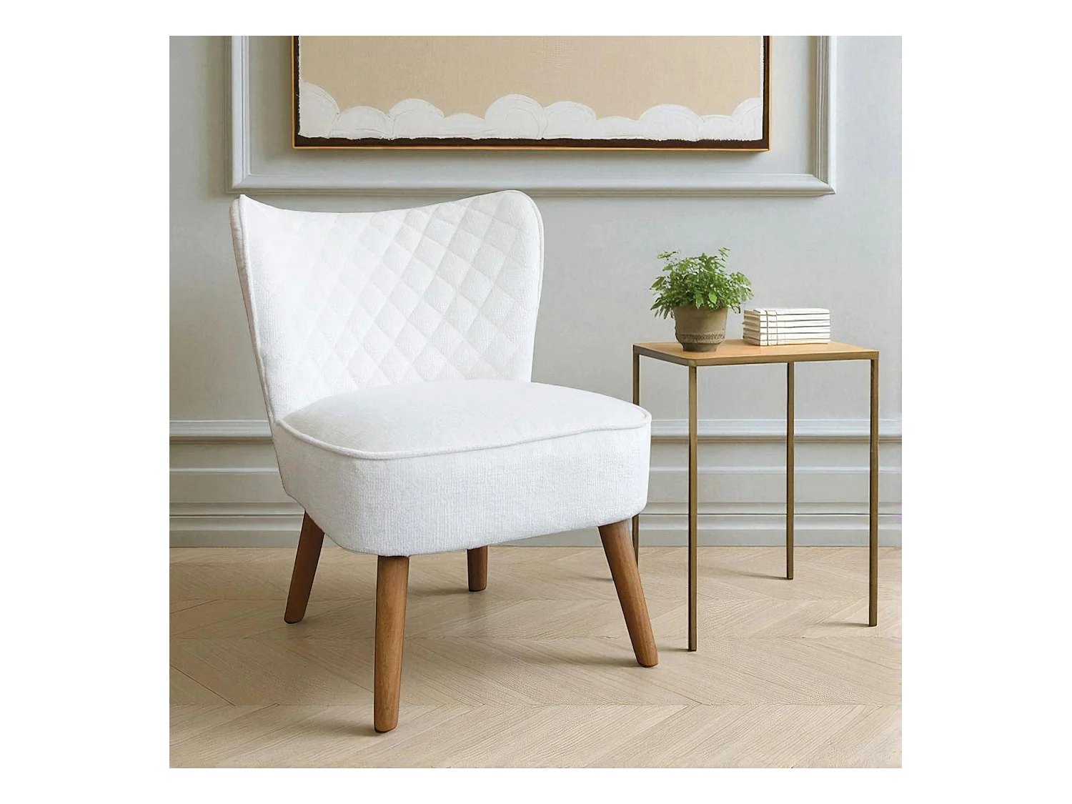 Fauteuil blanc tissu chenille - pieds bois, motif croisé IENA
