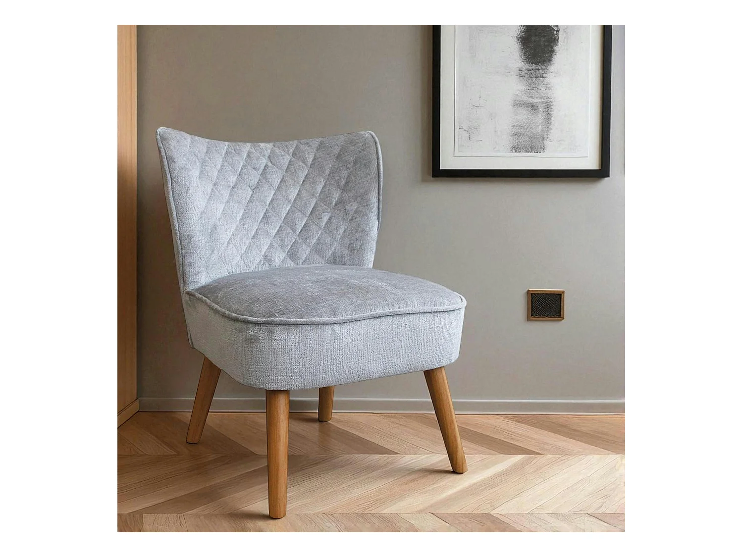 Fauteuil gris tissu chenille - pieds bois, motif croisé IENA