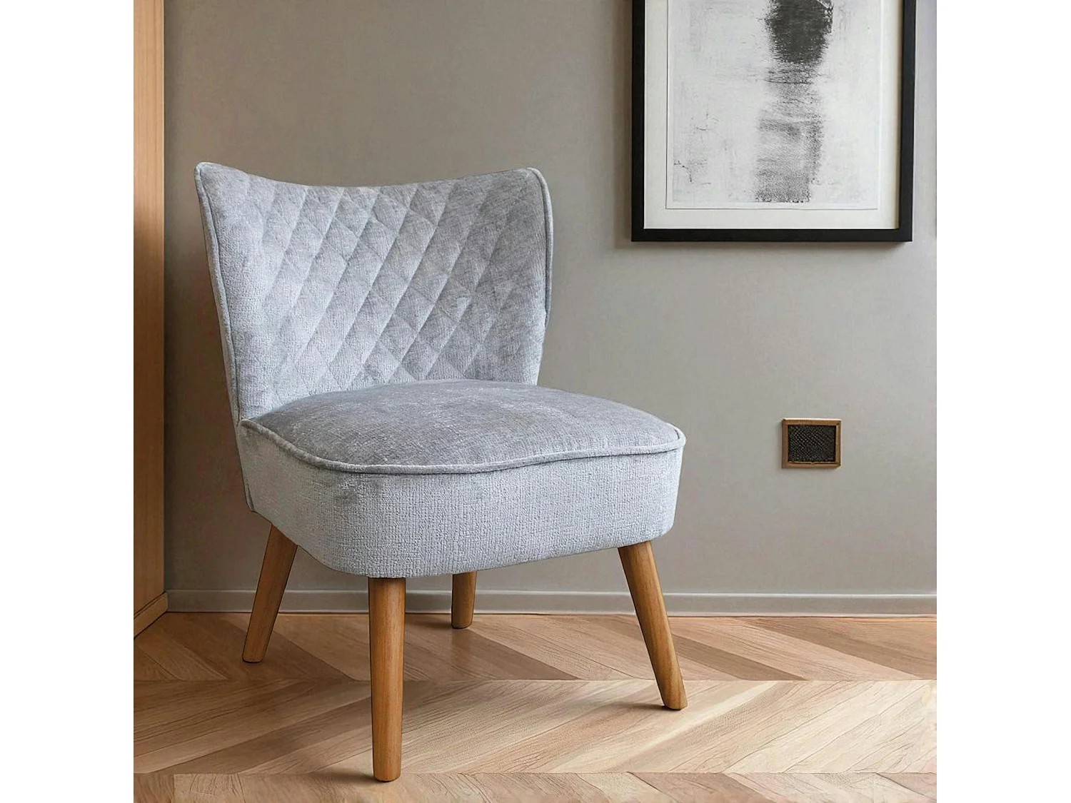 Fauteuil gris tissu chenille - pieds bois, motif croisé IENA