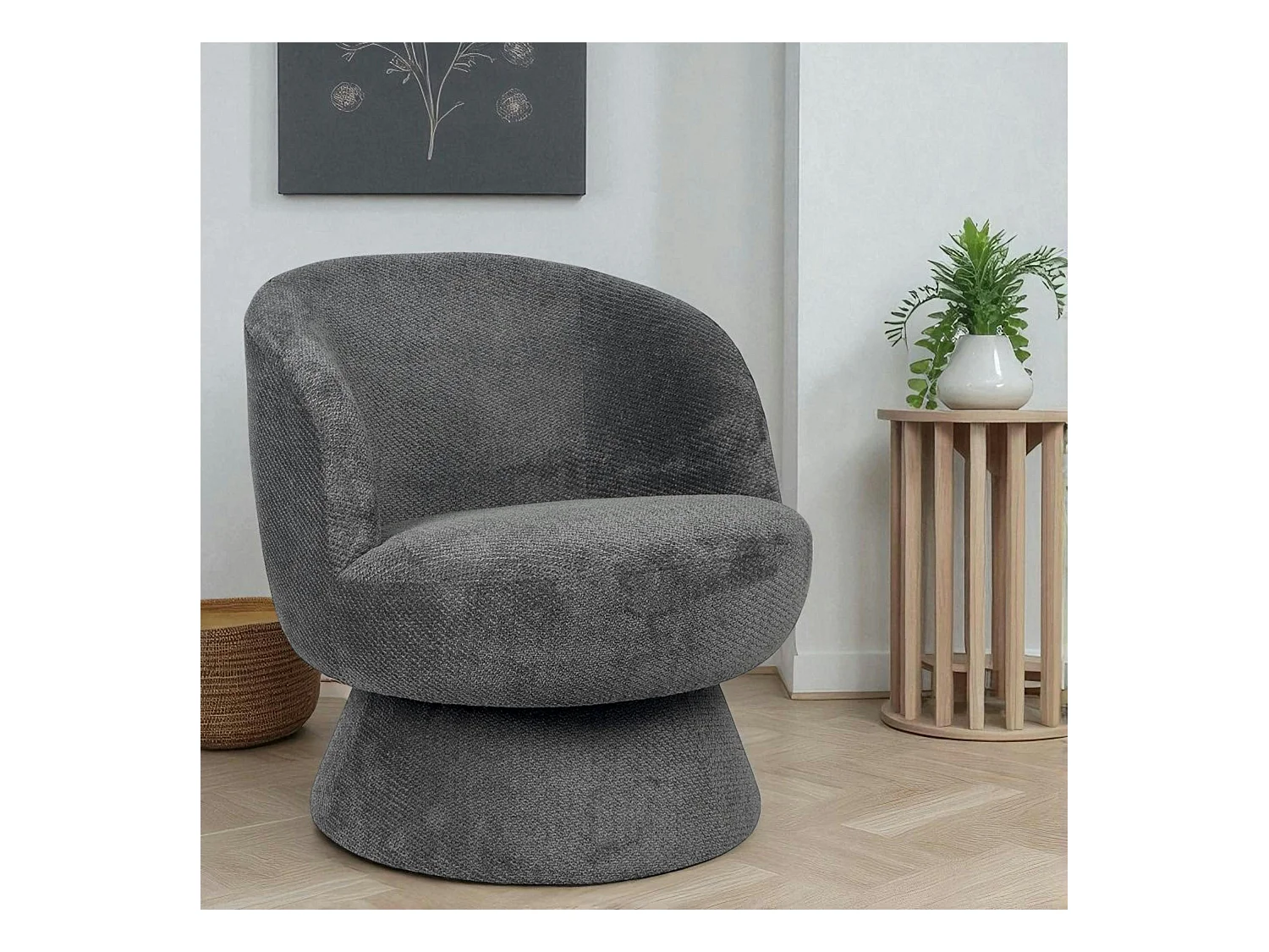 Fauteuil gris pivotant - tissu chenille, style rétro IENA