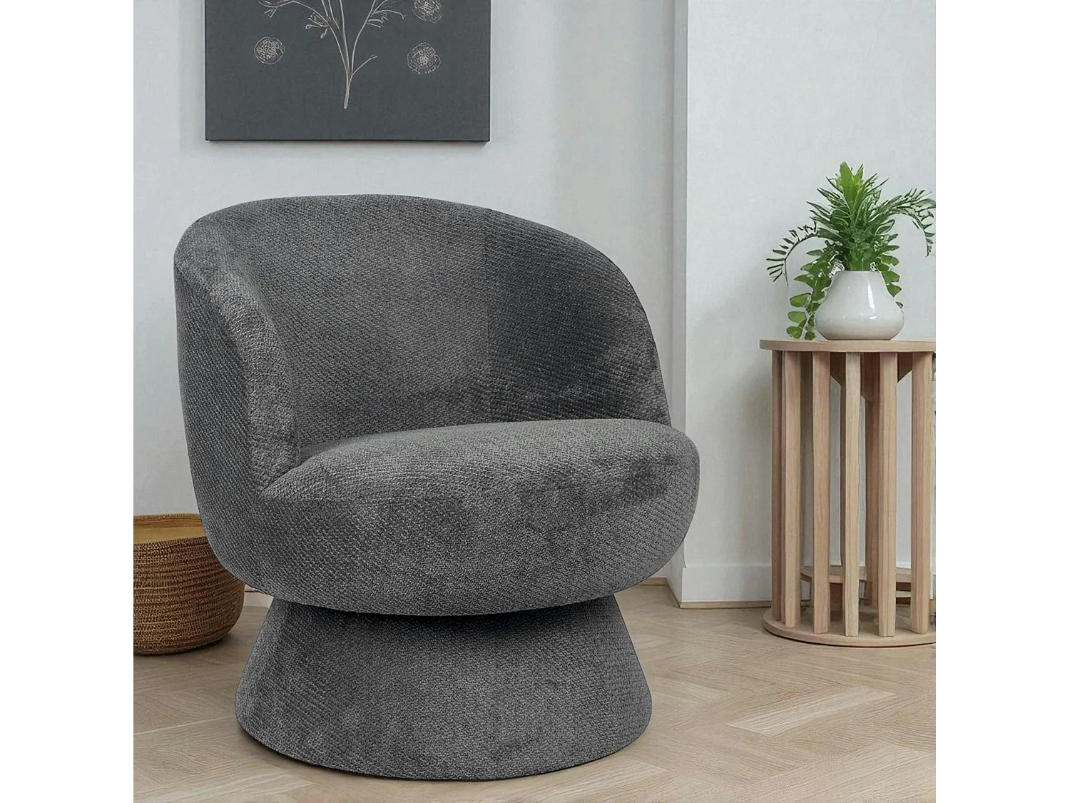 Fauteuil gris pivotant - tissu chenille, style rétro IENA