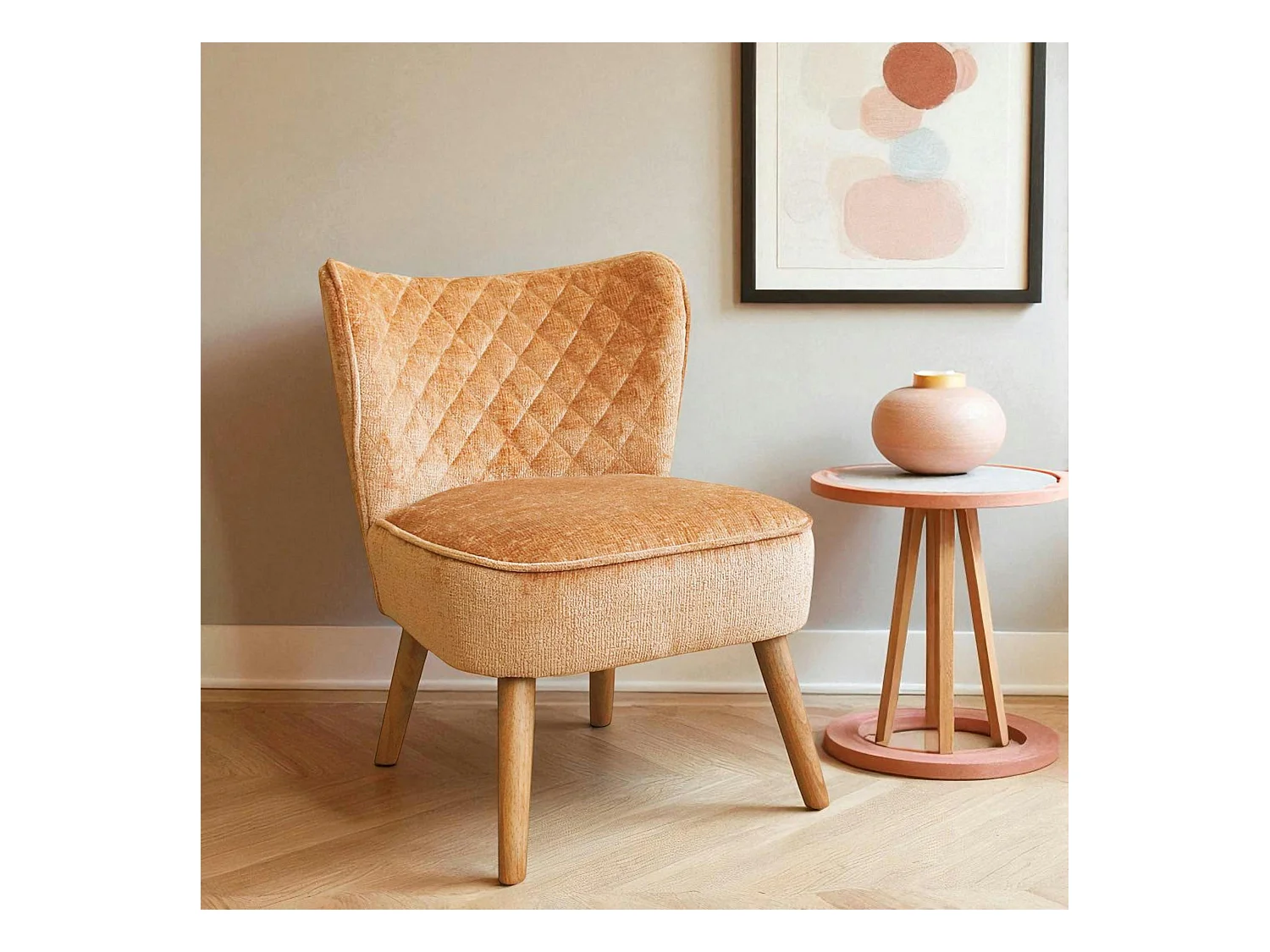 Fauteuil moutarde en tissu chenille - pieds bois IENA