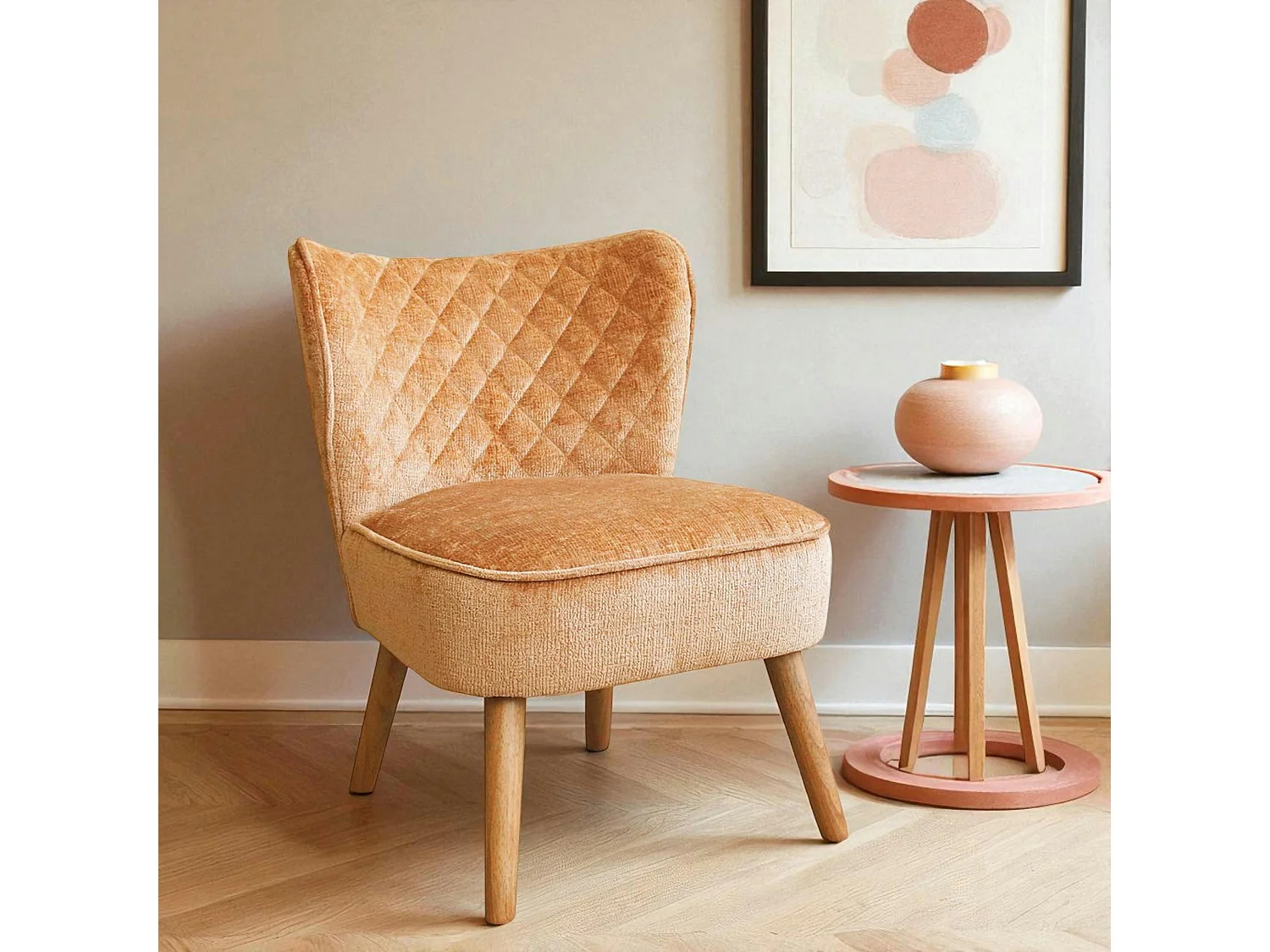 Fauteuil moutarde en tissu chenille - pieds bois IENA