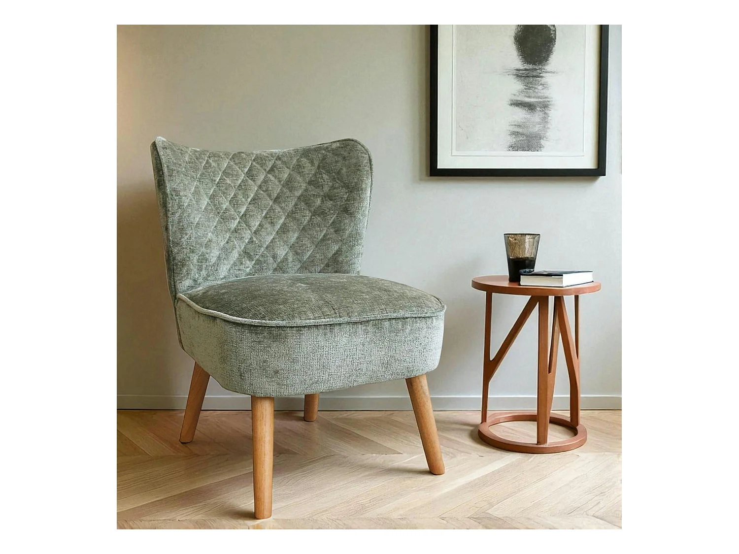 Fauteuil vert tissu chenille - pieds bois, motif croisé IENA