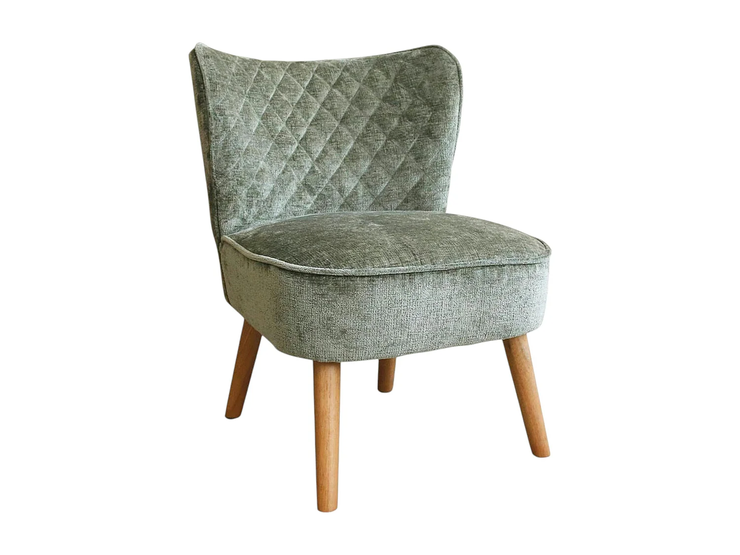 Fauteuil vert tissu chenille - pieds bois, motif croisé IENA