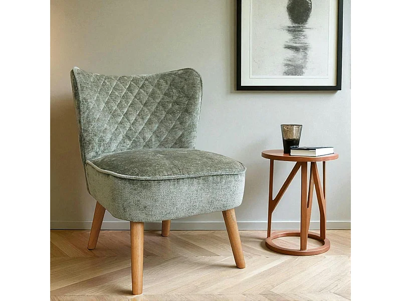 Fauteuil vert tissu chenille - pieds bois, motif croisé IENA