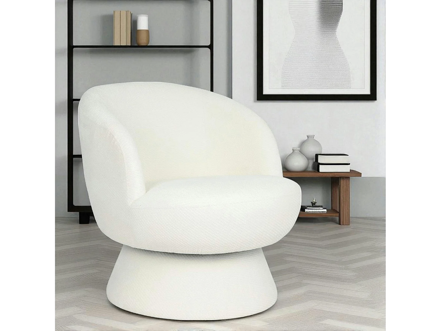 Fauteuil blanc pivotant - tissu chenille, style rétro IENA