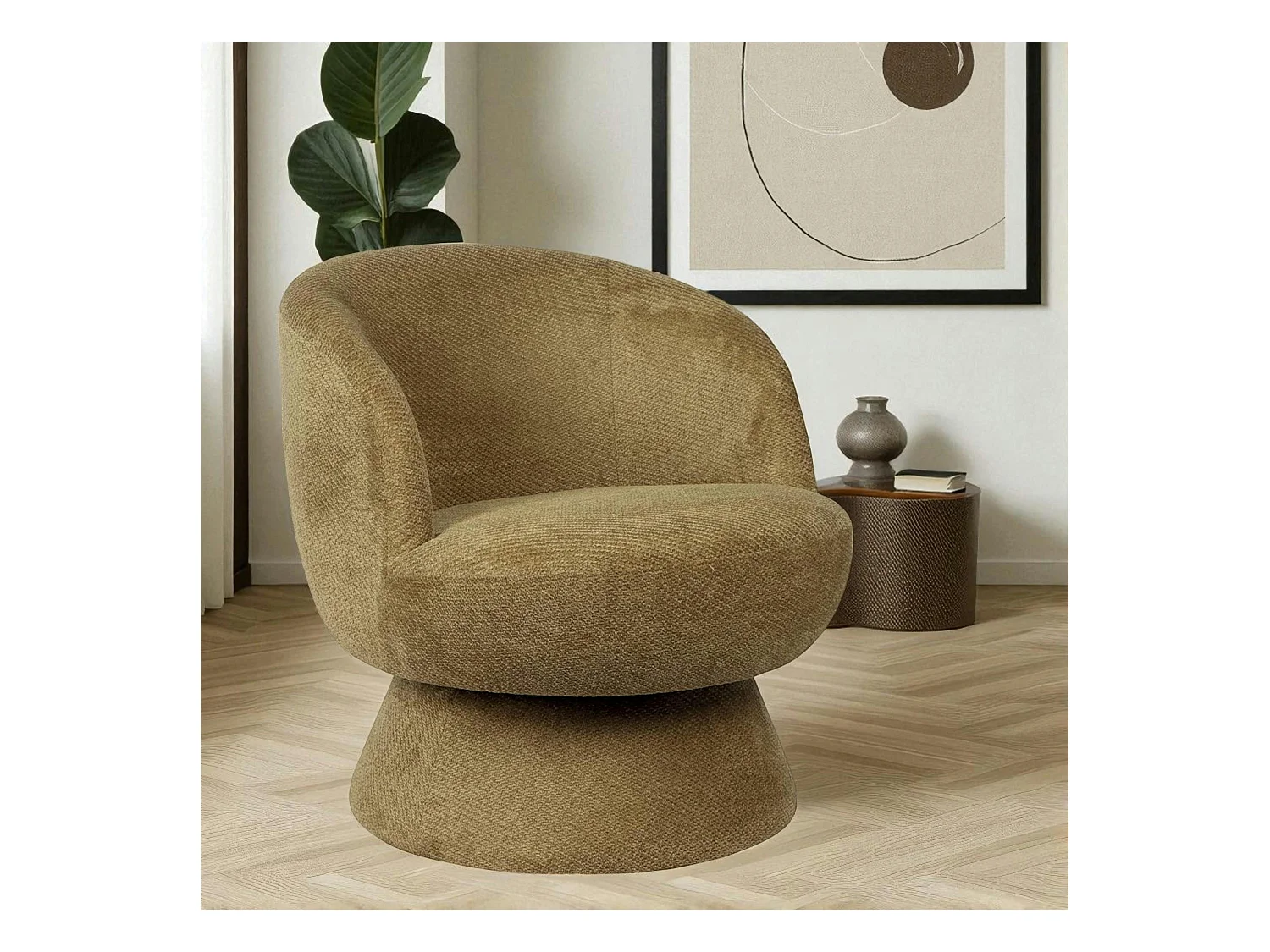 Fauteuil vert pivotant - tissu chenille, style rétro IENA