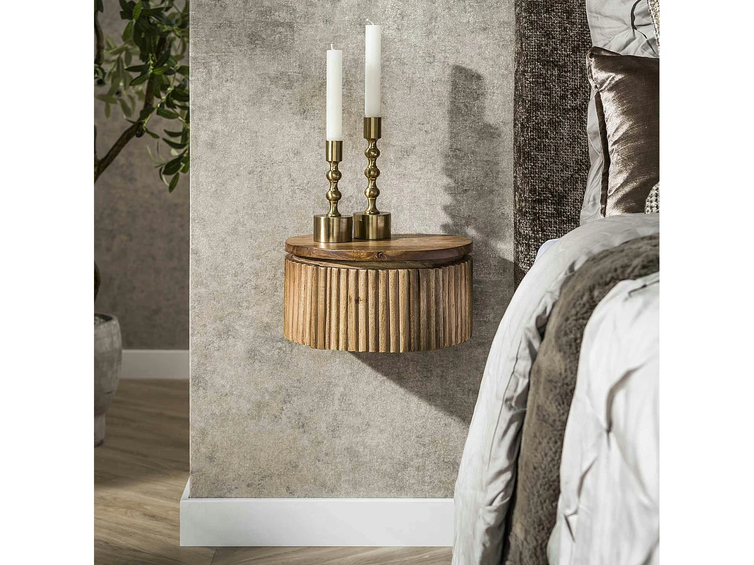 Table de nuit murale en bois rainuré – ronde, 30 cm DELHI