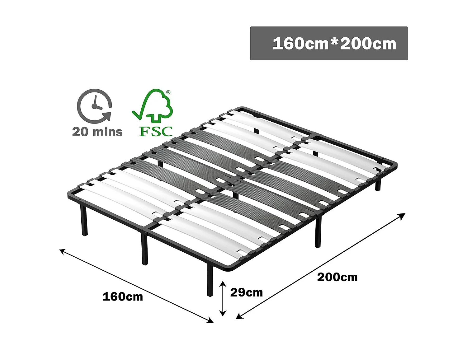 Ensemble Matelas à ressorts + Sommier avec lattes larges 160x200cm, Epaisseur du Matelas 20cm