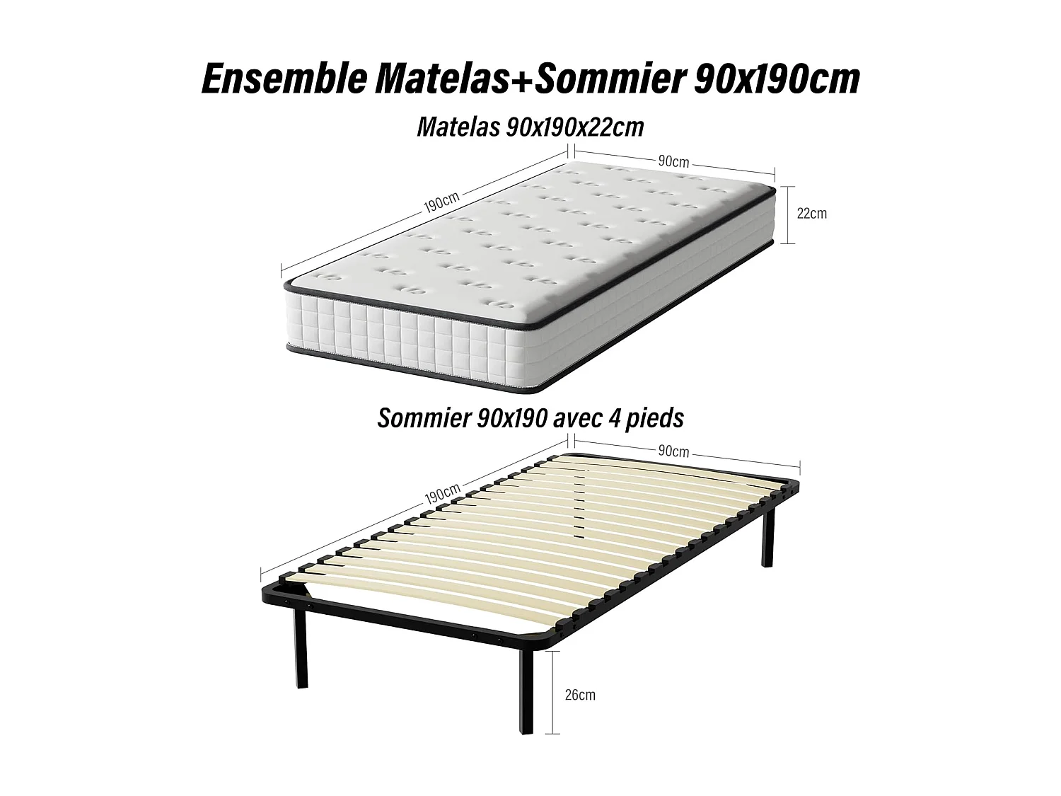Ensemble Matelas en mousse + Sommier à Lattes 90x190cm, Epaisseur du Matelas 22cm