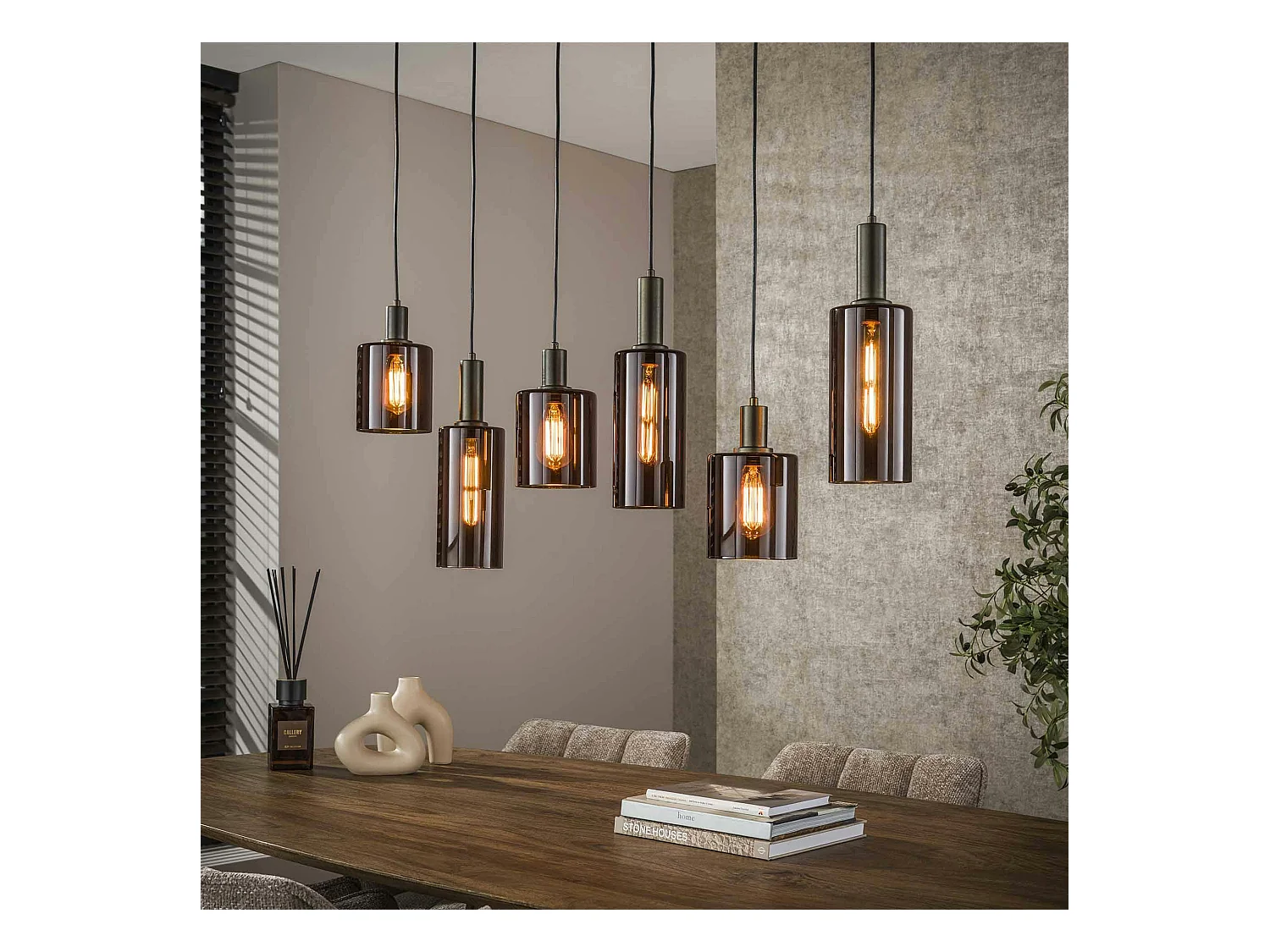 Suspension vintage en verre – 6 abat–jour bruns NOVA