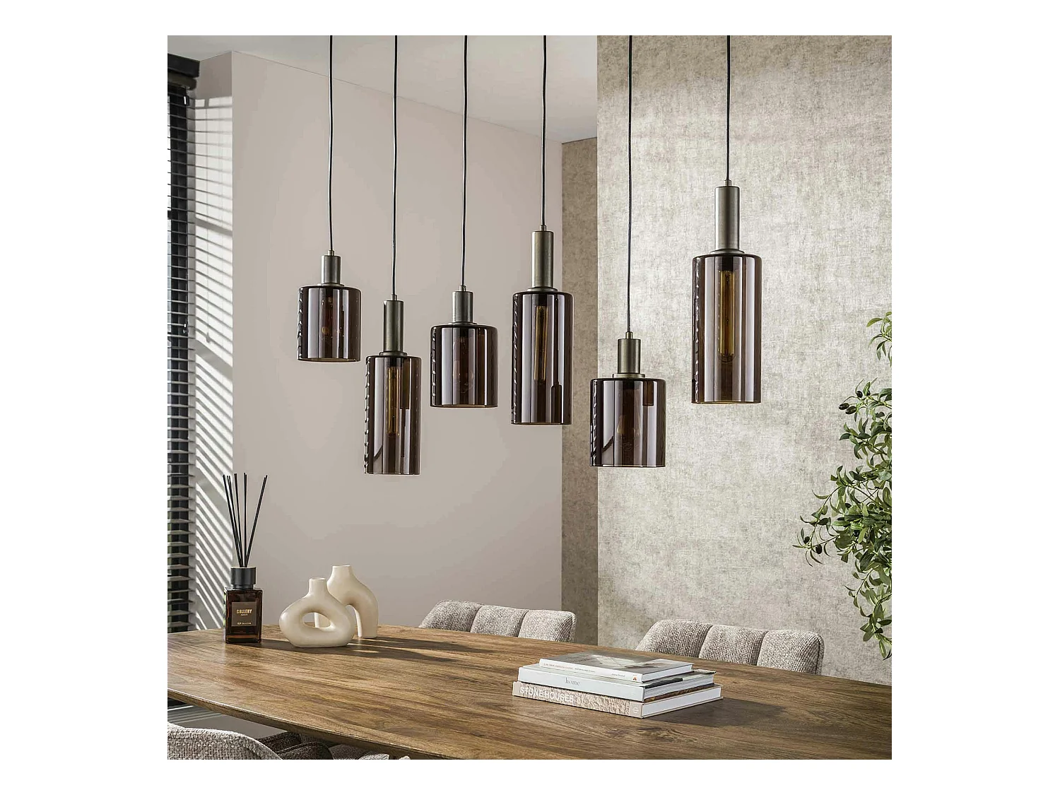 Suspension vintage en verre – 6 abat–jour bruns NOVA