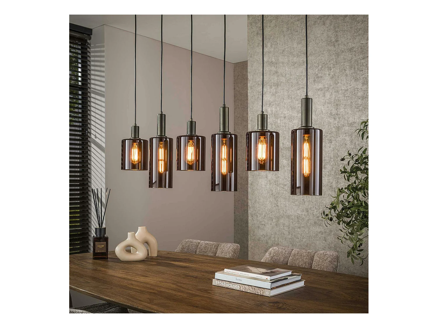 Suspension vintage en verre – 6 abat–jour bruns NOVA