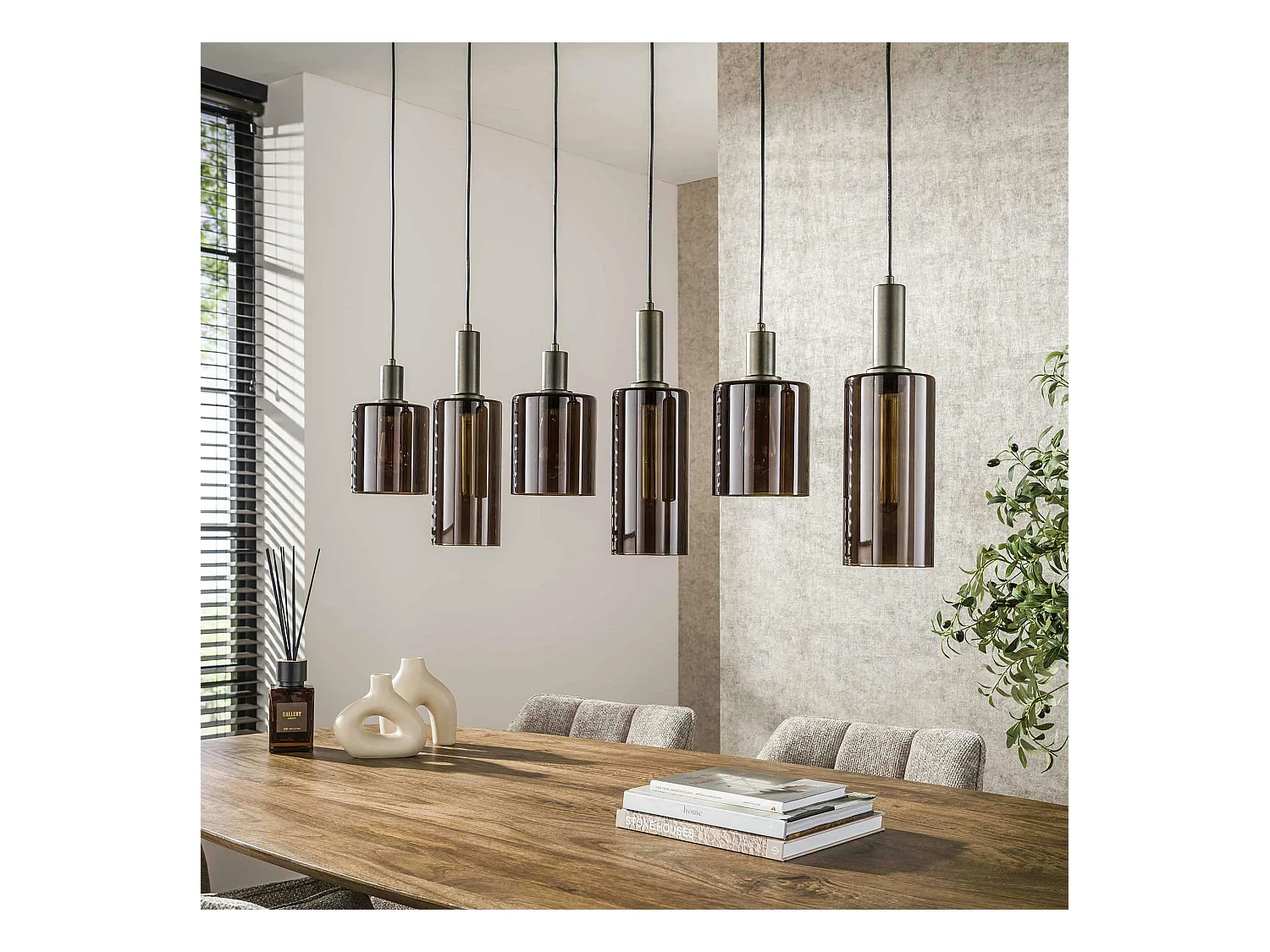 Suspension vintage en verre – 6 abat–jour bruns NOVA