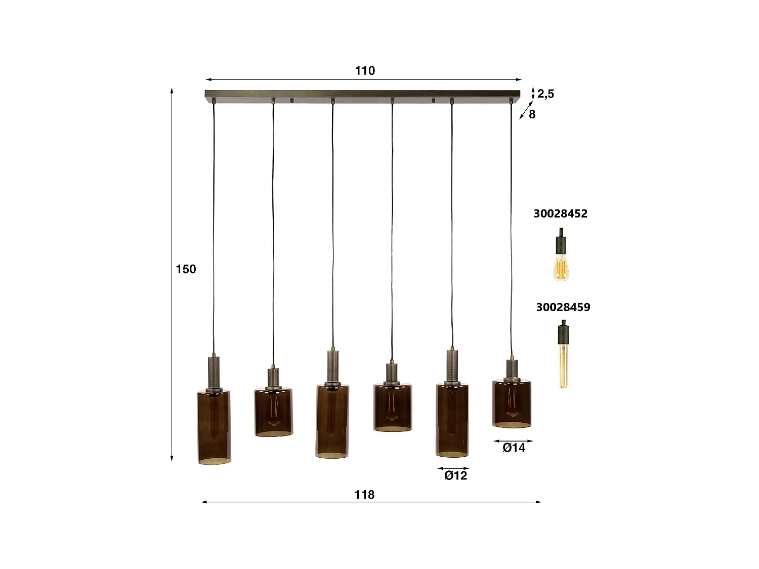 Suspension vintage en verre – 6 abat–jour bruns NOVA