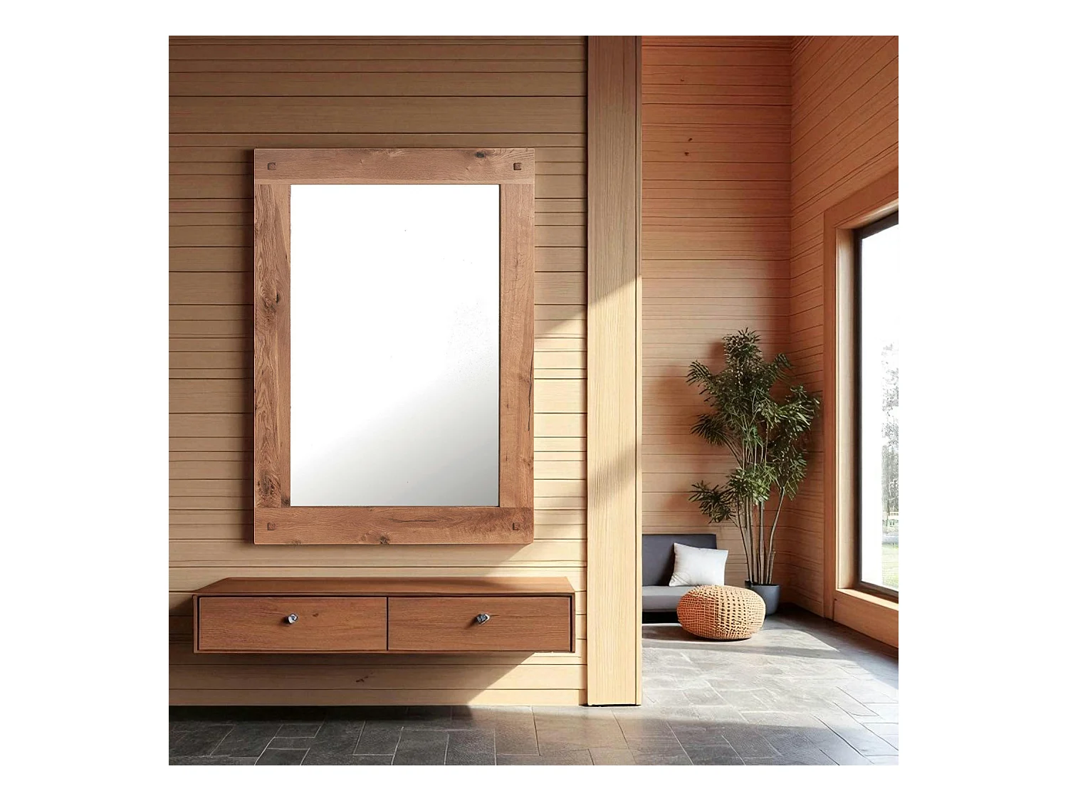 Miroir mural en bois naturel avec cadre épais - 110 cm FJORD