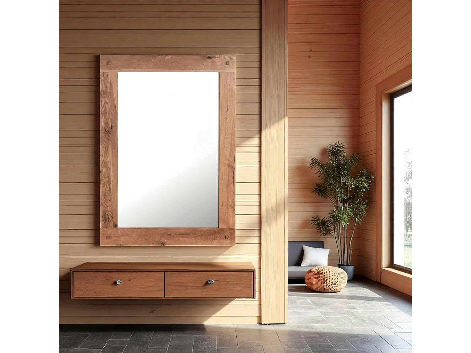 Miroir mural en bois naturel avec cadre épais - 110 cm FJORD