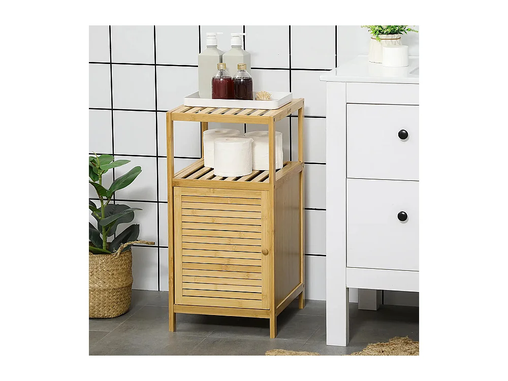 Armoire de salle de bain, étagère de salle de bain, en bambou, 1 étagère, 1 armoire, 33 cm × 36,5 cm × 67 cm, couleur naturelle