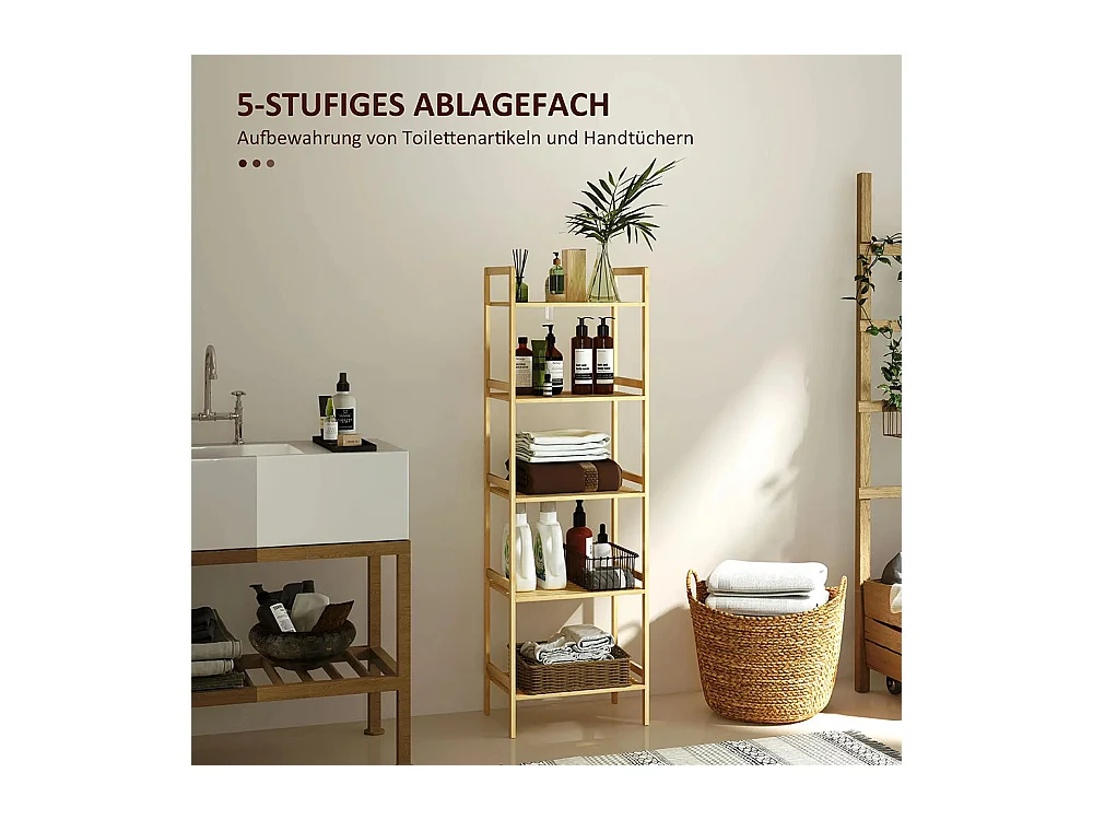 Étagère de salle de bain en bambou, conception à 5 niveaux, avec tablettes réglables, dimensions : 43,5 x 31,5 x 142 cm, bois naturel.