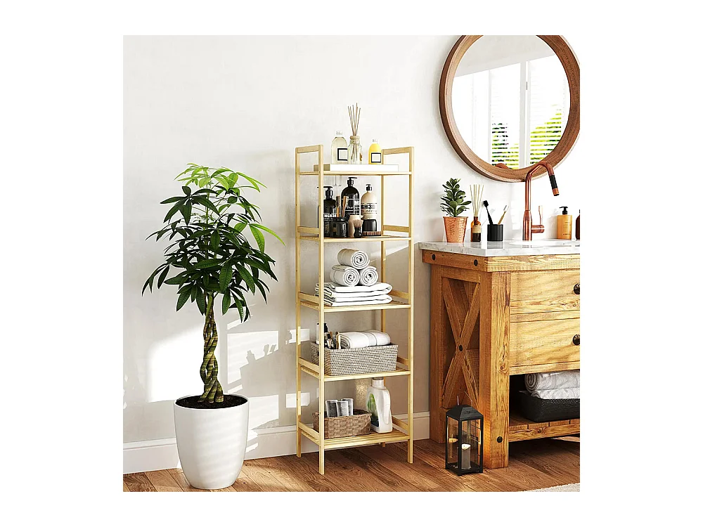 Étagère de salle de bain en bambou, conception à 5 niveaux, avec tablettes réglables, dimensions : 43,5 x 31,5 x 142 cm, bois naturel.