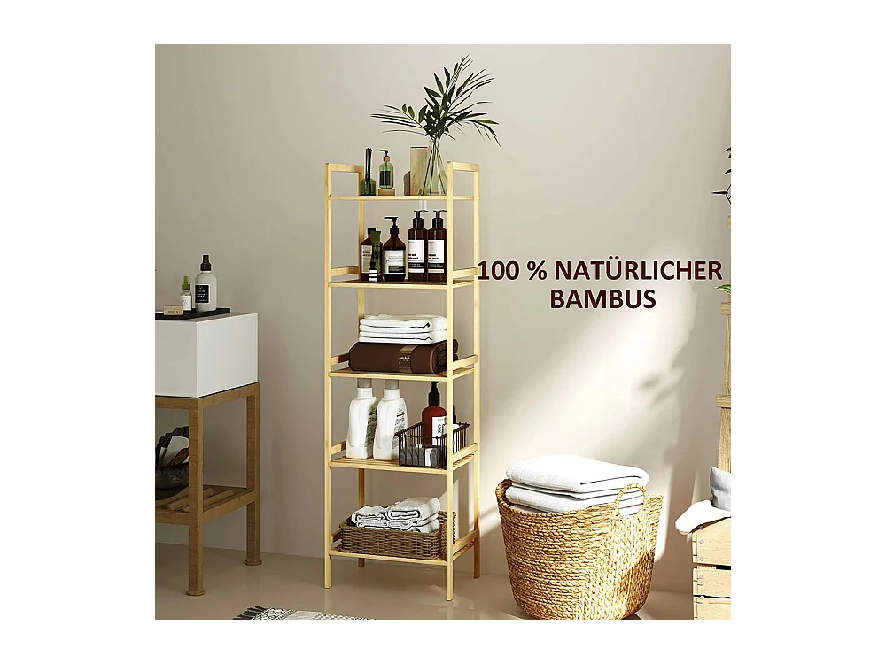 Étagère de salle de bain en bambou, conception à 5 niveaux, avec tablettes réglables, dimensions : 43,5 x 31,5 x 142 cm, bois naturel.