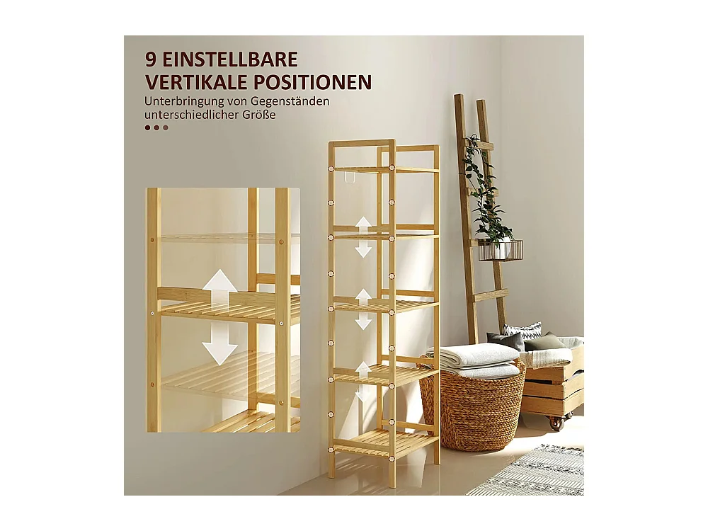 Étagère de salle de bain en bambou, conception à 5 niveaux, avec tablettes réglables, dimensions : 43,5 x 31,5 x 142 cm, bois naturel.