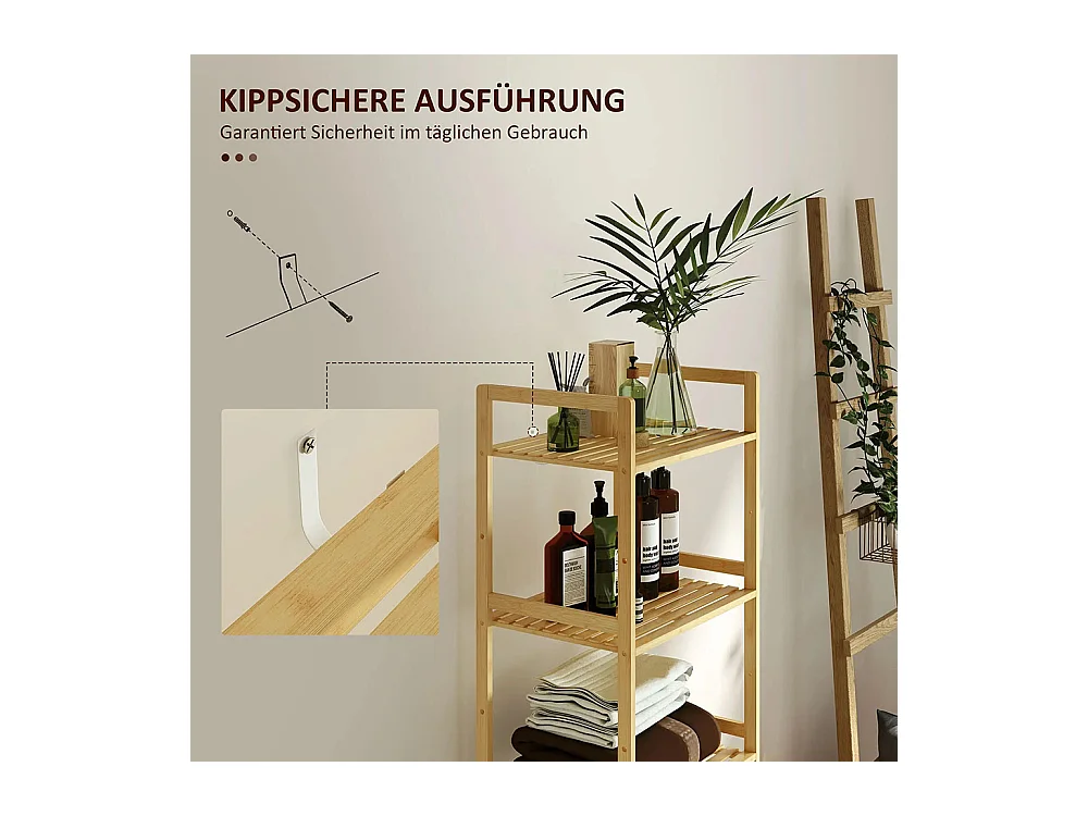 Étagère de salle de bain en bambou, conception à 5 niveaux, avec tablettes réglables, dimensions : 43,5 x 31,5 x 142 cm, bois naturel.