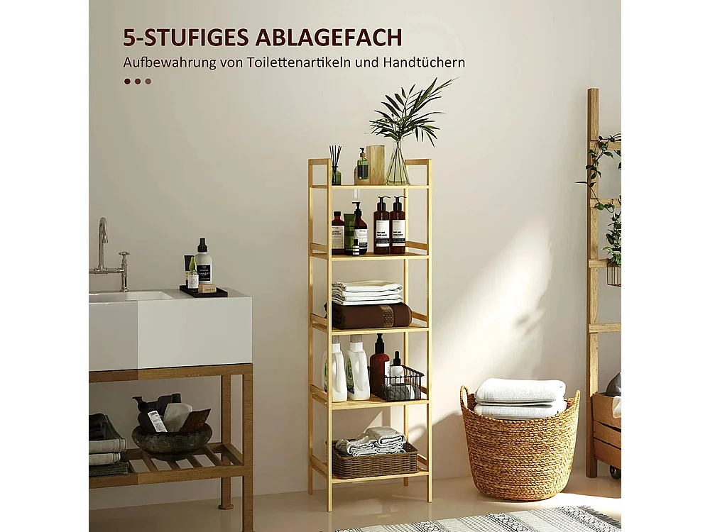 Étagère de salle de bain en bambou, conception à 5 niveaux, avec tablettes réglables, dimensions : 43,5 x 31,5 x 142 cm, bois naturel.