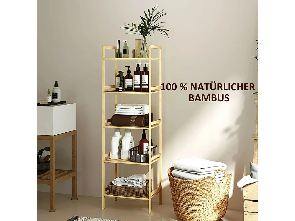 Étagère de salle de bain en bambou, conception à 5 niveaux, avec tablettes réglables, dimensions : 43,5 x 31,5 x 142 cm, bois naturel.