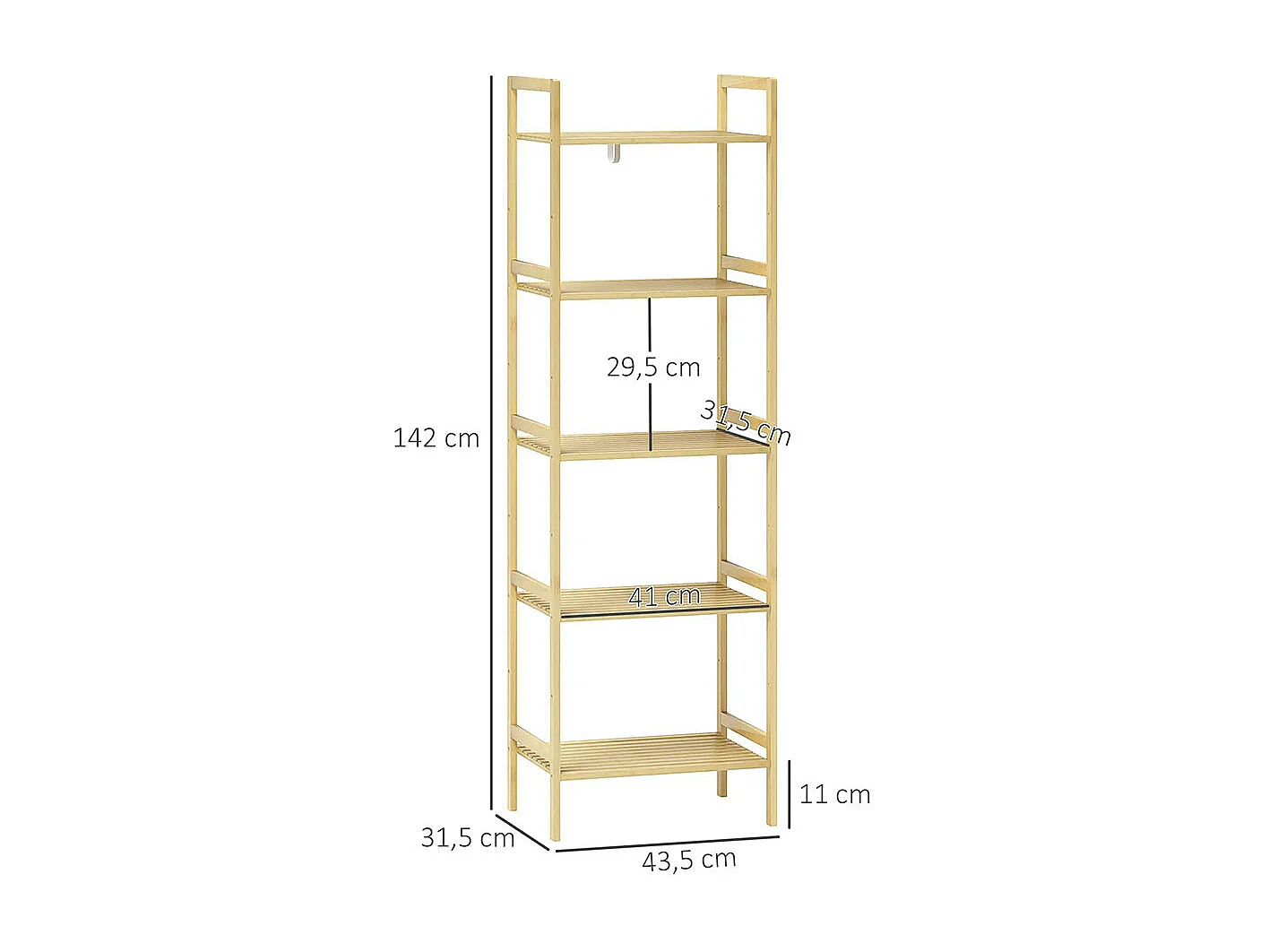Étagère de salle de bain en bambou, conception à 5 niveaux, avec tablettes réglables, dimensions : 43,5 x 31,5 x 142 cm, bois naturel.