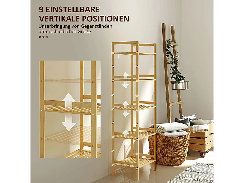 Étagère de salle de bain en bambou, conception à 5 niveaux, avec tablettes réglables, dimensions : 43,5 x 31,5 x 142 cm, bois naturel.