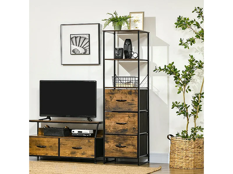 Étagère de rangement avec tiroirs, espace de rangement ouvert, structure en acier, pieds réglables, dimensions : 44 x 40 x 155 cm.