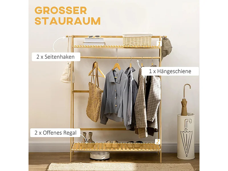 Cintre en bambou, équipé de 2 crochets, 1 barre à vêtements, 2 étagères, 114 x 40 x 139 cm.