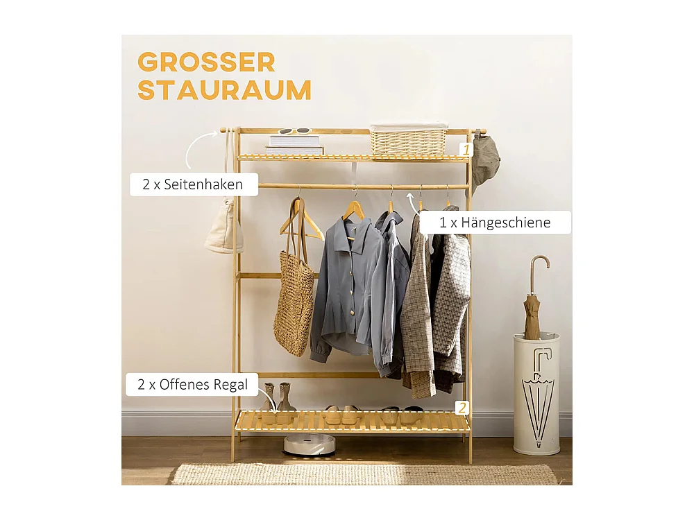 Cintre en bambou, équipé de 2 crochets, 1 barre à vêtements, 2 étagères, 114 x 40 x 139 cm.