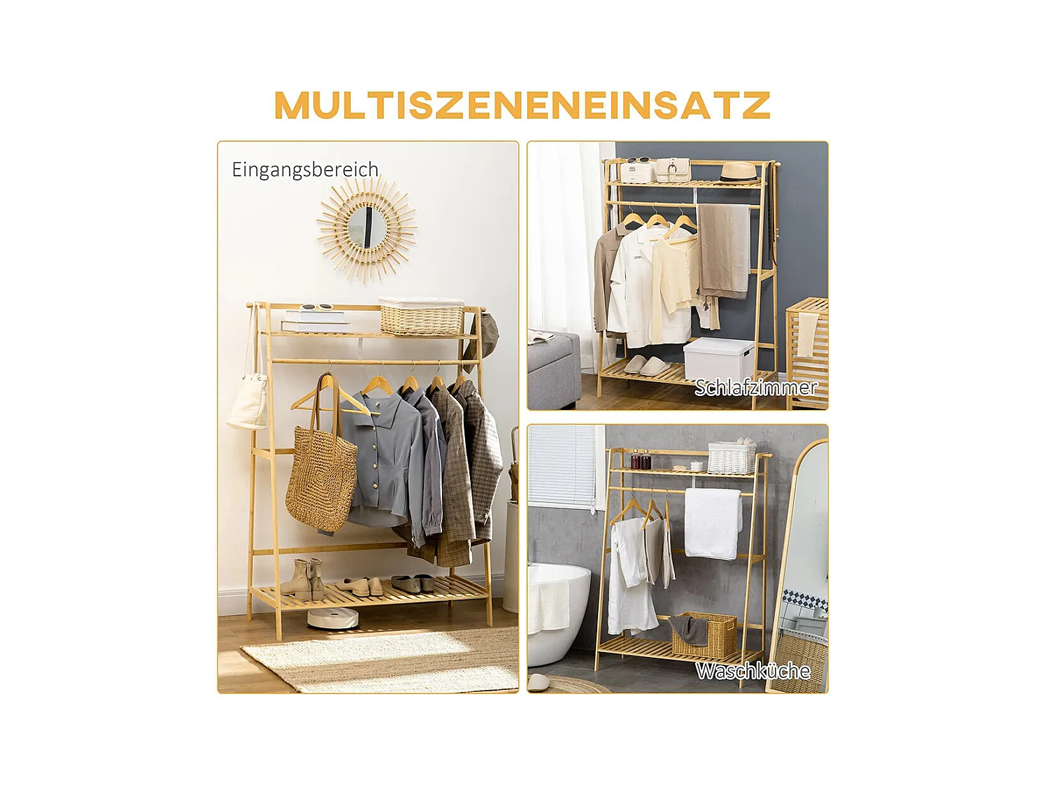 Cintre en bambou, équipé de 2 crochets, 1 barre à vêtements, 2 étagères, 114 x 40 x 139 cm.