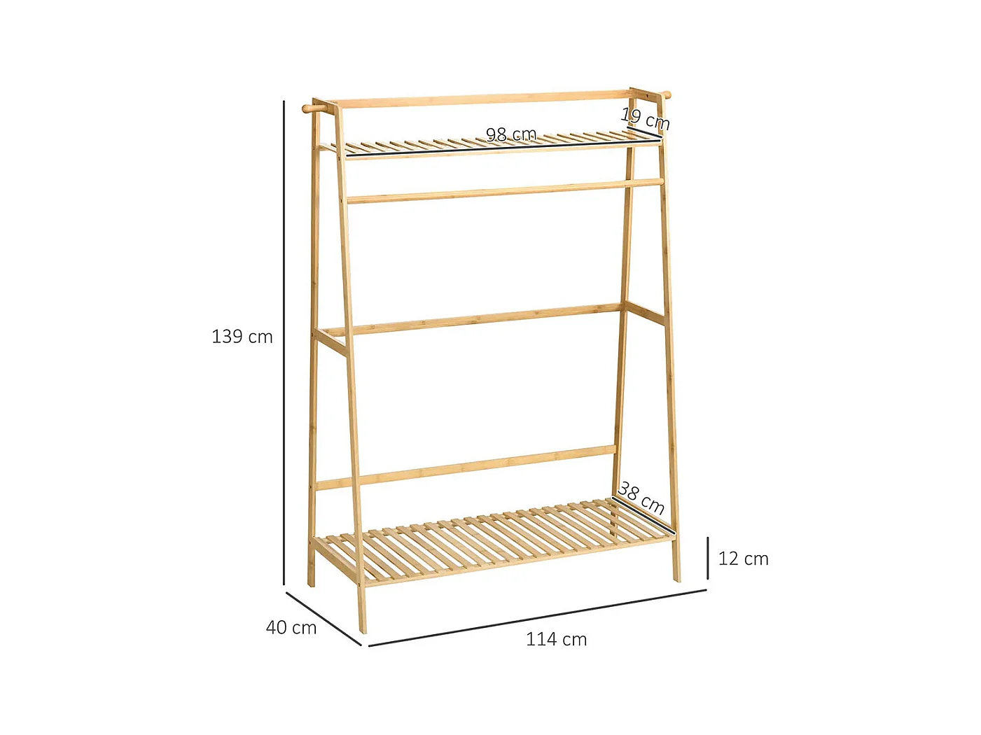 Cintre en bambou, équipé de 2 crochets, 1 barre à vêtements, 2 étagères, 114 x 40 x 139 cm.
