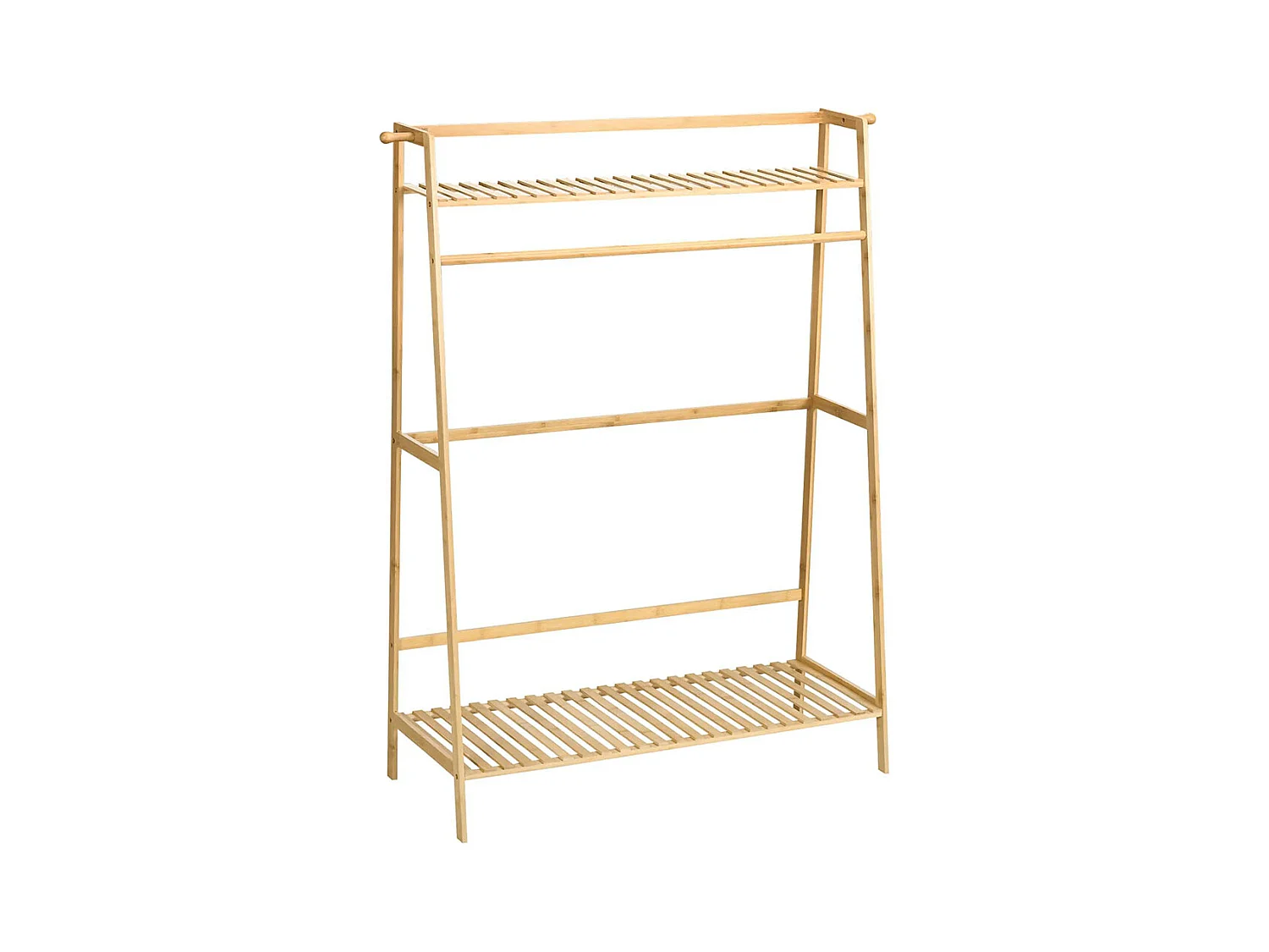 Cintre en bambou, équipé de 2 crochets, 1 barre à vêtements, 2 étagères, 114 x 40 x 139 cm.