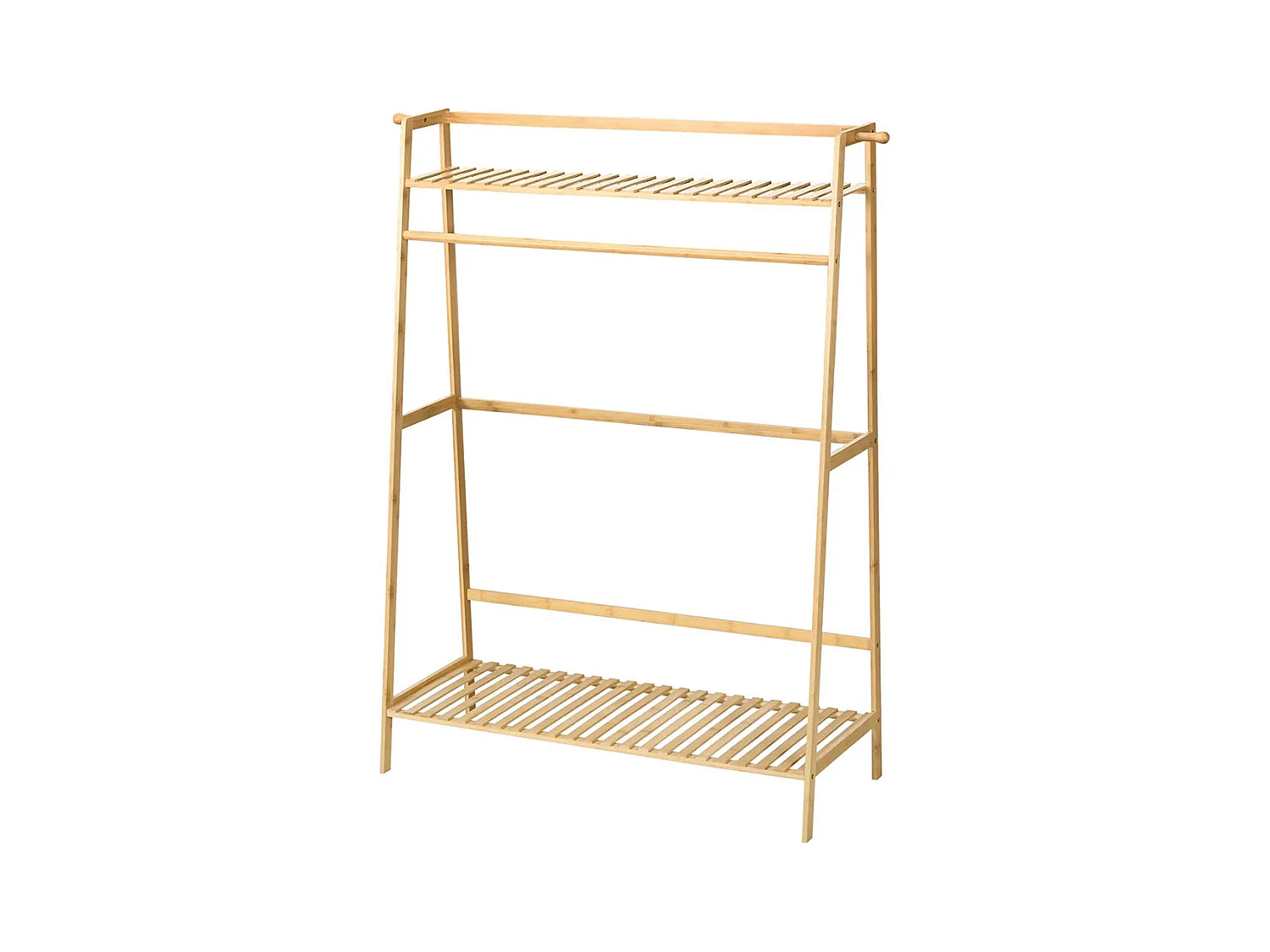 Cintre en bambou, équipé de 2 crochets, 1 barre à vêtements, 2 étagères, 114 x 40 x 139 cm.