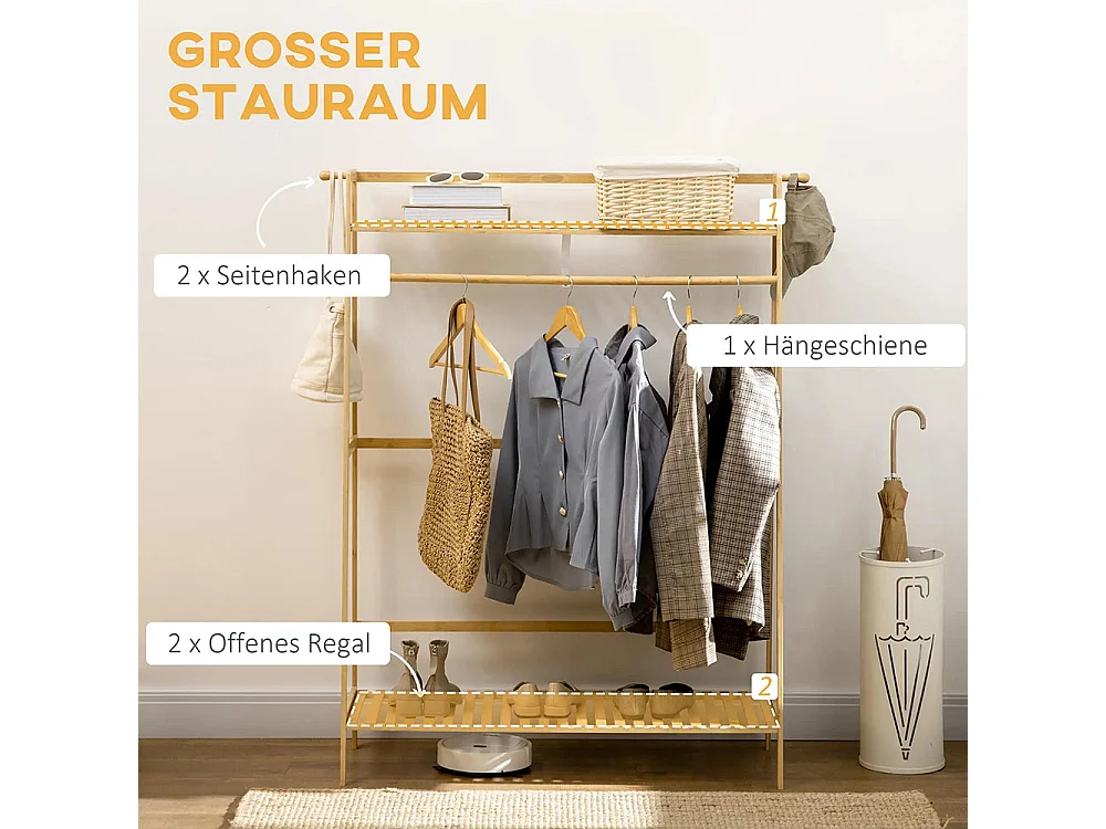 Cintre en bambou, équipé de 2 crochets, 1 barre à vêtements, 2 étagères, 114 x 40 x 139 cm.