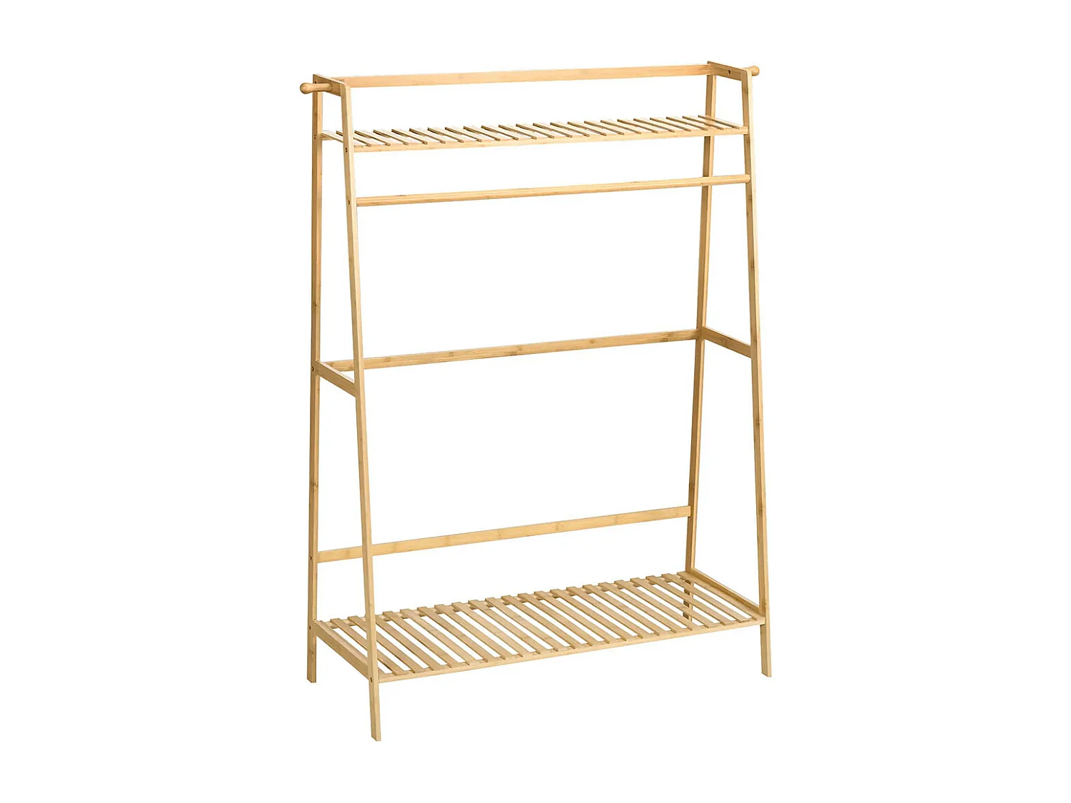 Cintre en bambou, équipé de 2 crochets, 1 barre à vêtements, 2 étagères, 114 x 40 x 139 cm.