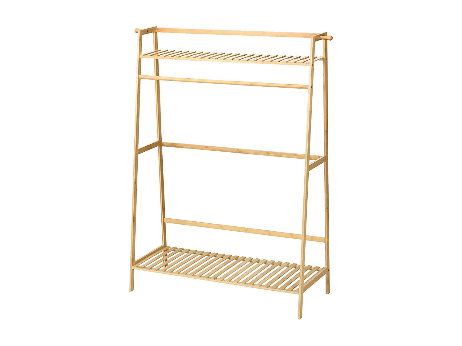 Cintre en bambou, équipé de 2 crochets, 1 barre à vêtements, 2 étagères, 114 x 40 x 139 cm.