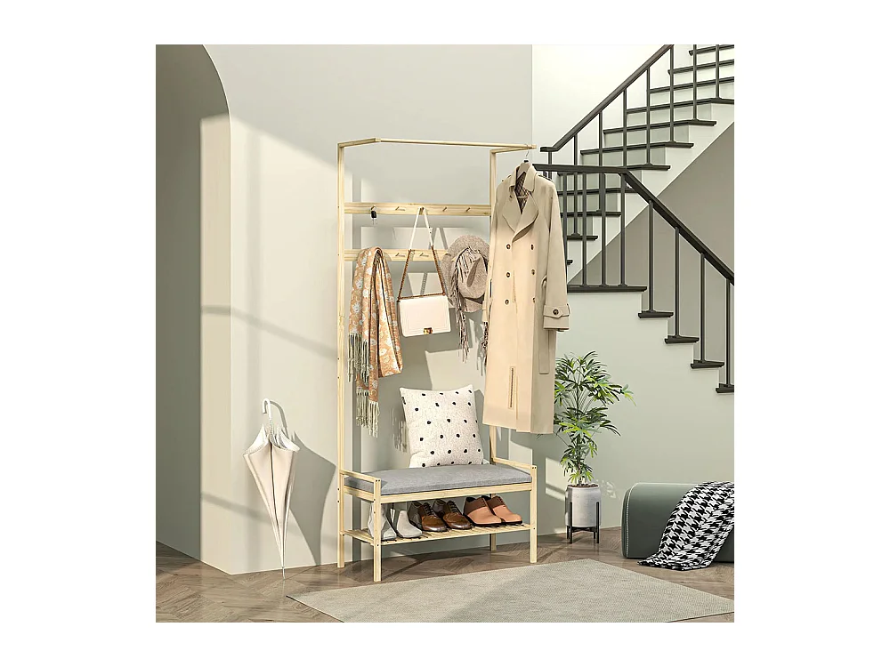 Le vestiaire comprend un banc à chaussures, une tringle à vêtements, des crochets à vêtements et un étagère à chaussures.