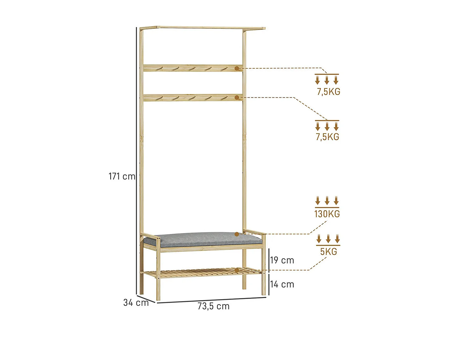 Le vestiaire comprend un banc à chaussures, une tringle à vêtements, des crochets à vêtements et un étagère à chaussures.