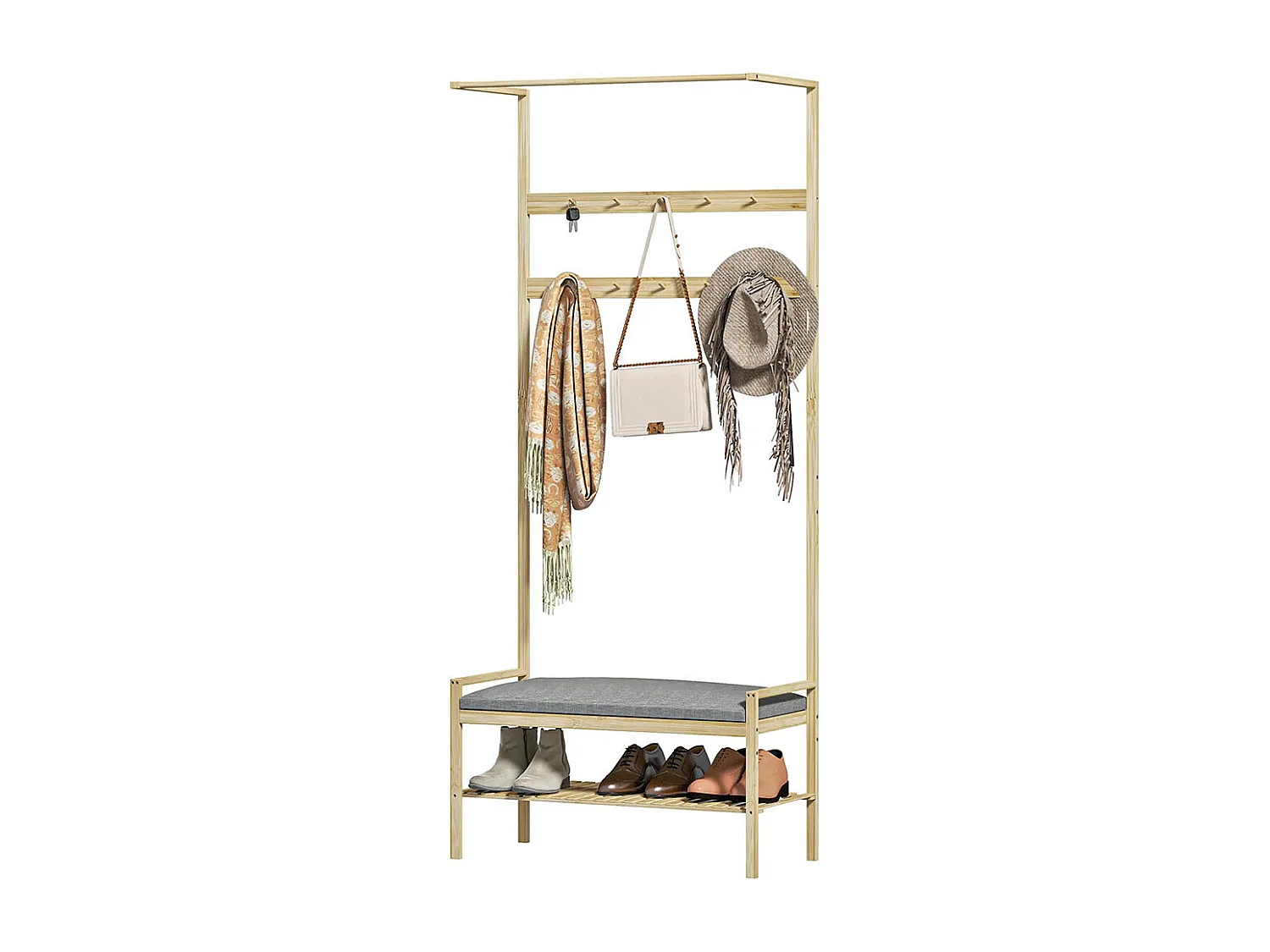 Le vestiaire comprend un banc à chaussures, une tringle à vêtements, des crochets à vêtements et un étagère à chaussures.