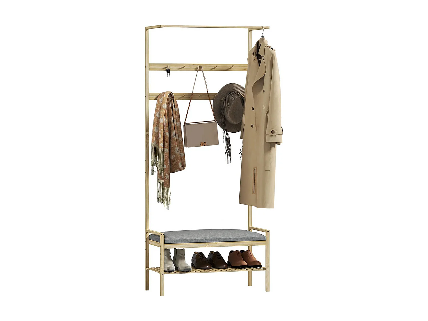 Le vestiaire comprend un banc à chaussures, une tringle à vêtements, des crochets à vêtements et un étagère à chaussures.